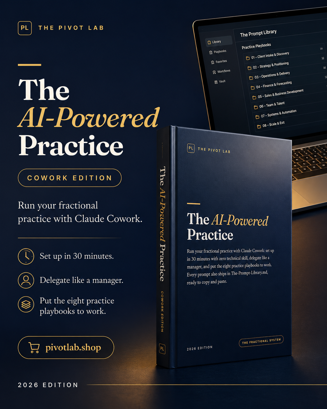 The AI-Powered Practice: Cowork Edition manual with the prompt library open on a laptop